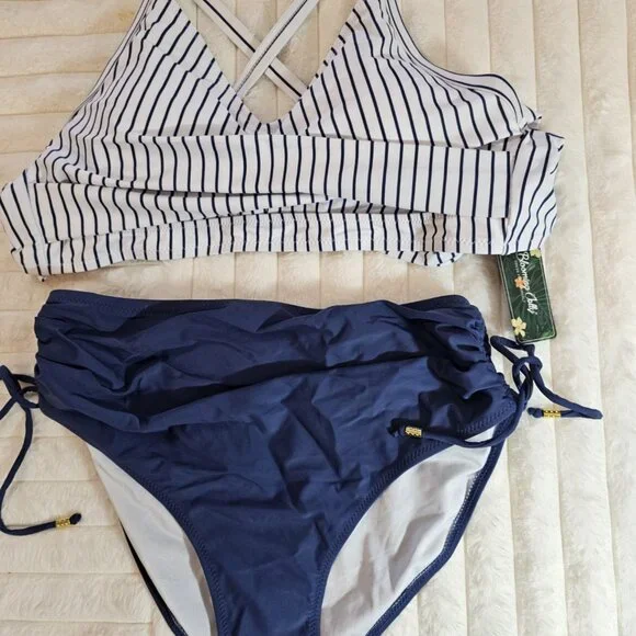 New Crisscross Tie Back High Waisted Drawstring Tummy Control Bikini Set - Picture 3 of 16